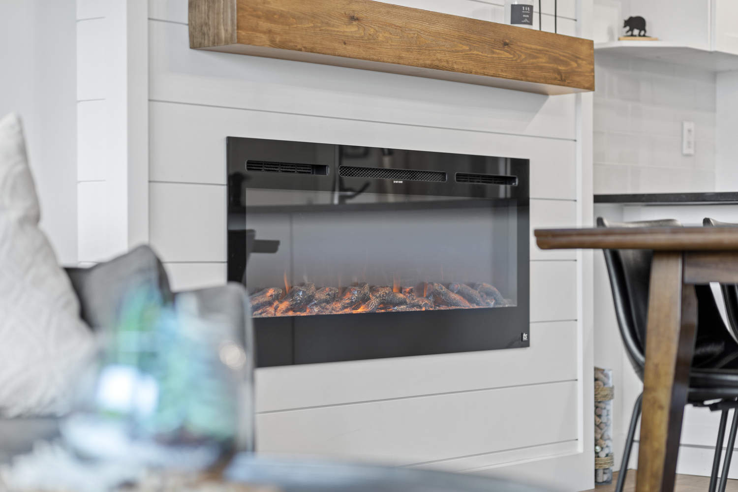 Shiplap Electric Fireplace and Timber Mantle